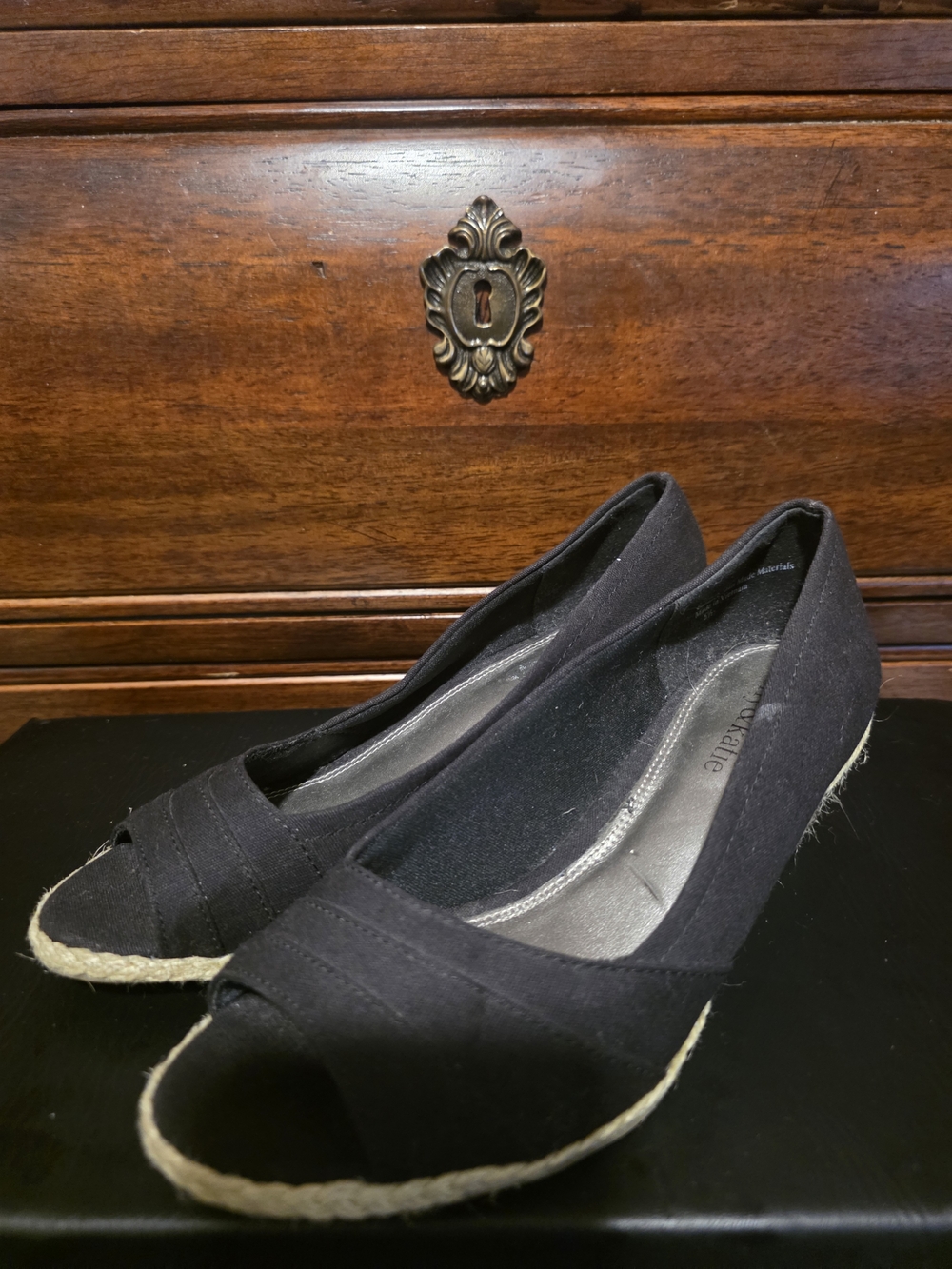 Kelly & Katie Black Peep-Toe Espadrille Wedge